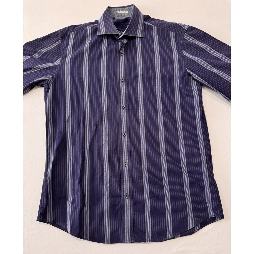 Bugatchi Uomo Shaped Fit Blue Stripe Button Front Dress Shirt Men's Medium